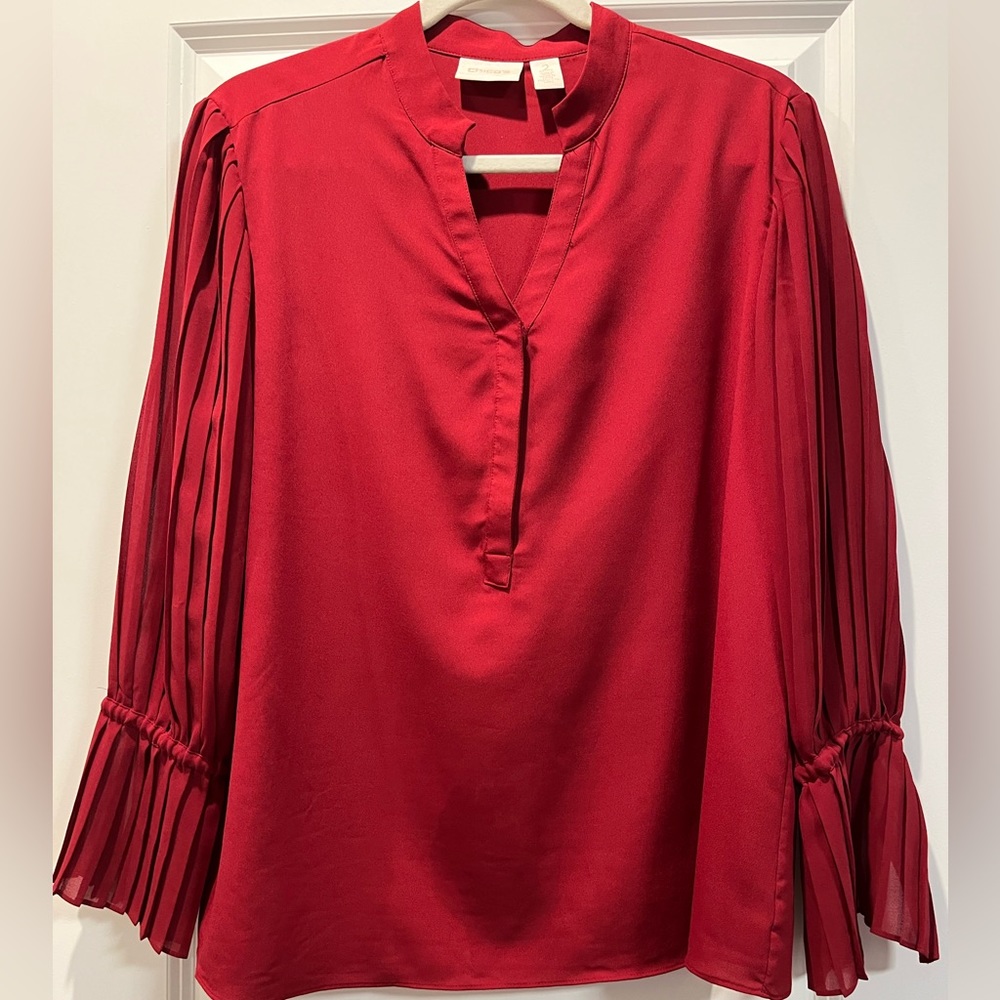 Chico’s True dark red long sleeve blouse, 100% polyester, size 2 (12) petite.